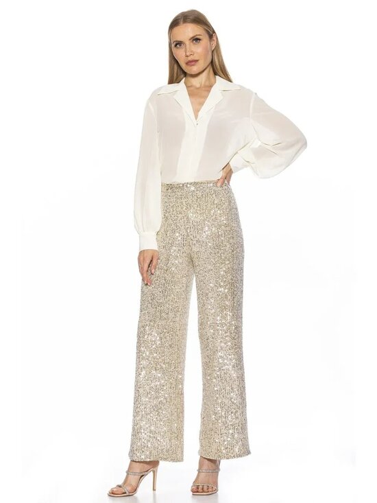 Alexia Admor Pants - Champagne Sequin Embellished High Waist Wide Leg Swishy Pants Illy